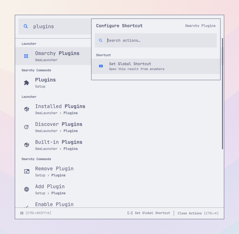 OmaLauncher touring plugin shortcuts, unified shell search, calculation, file actions, and application controls
